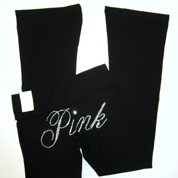 Victoria's Secret Pink M L - Yoga Pants Rhinestone Bling Foldable Waist Flare - Picture 4 of 6